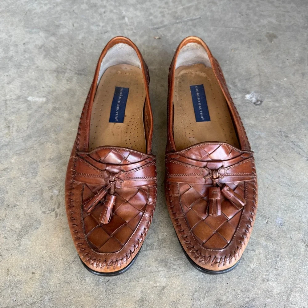 Giorgio Brutini‎ Mens 11D Woven Leather Tassel Loafers Tan Brown Slip On Shoes